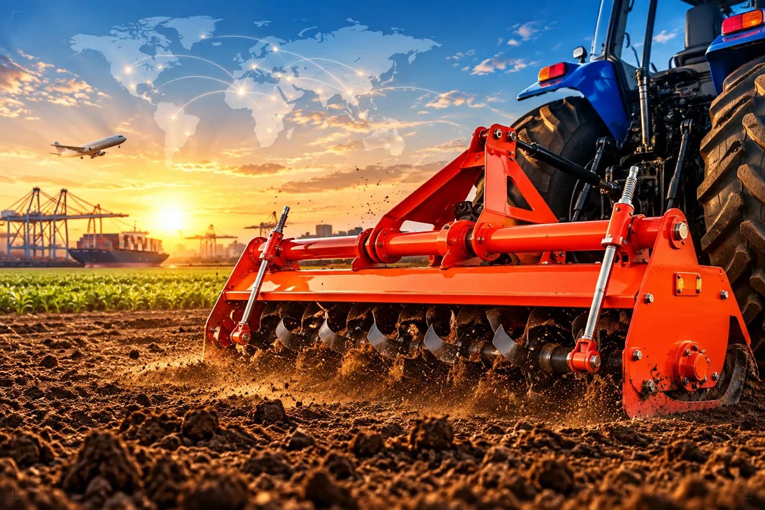 Orange tractor-mounted rotavator tilling soil, with a container port and aircraft in the background at sunset