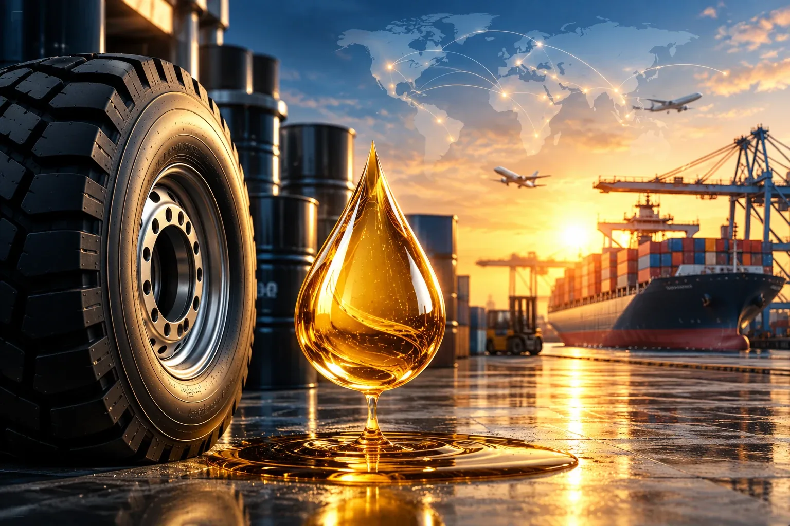 Golden oil drop beside a large tyre and oil drums at a container port at sunset