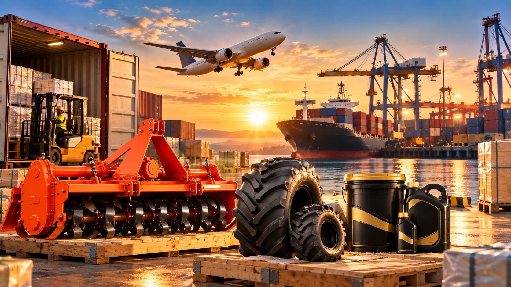 Rotavator, tyres and lubricants at an export port with a cargo ship, containers and an aircraft