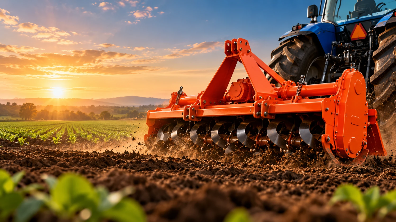 Tractor-mounted agricultural rotavator tilling a field at sunrise