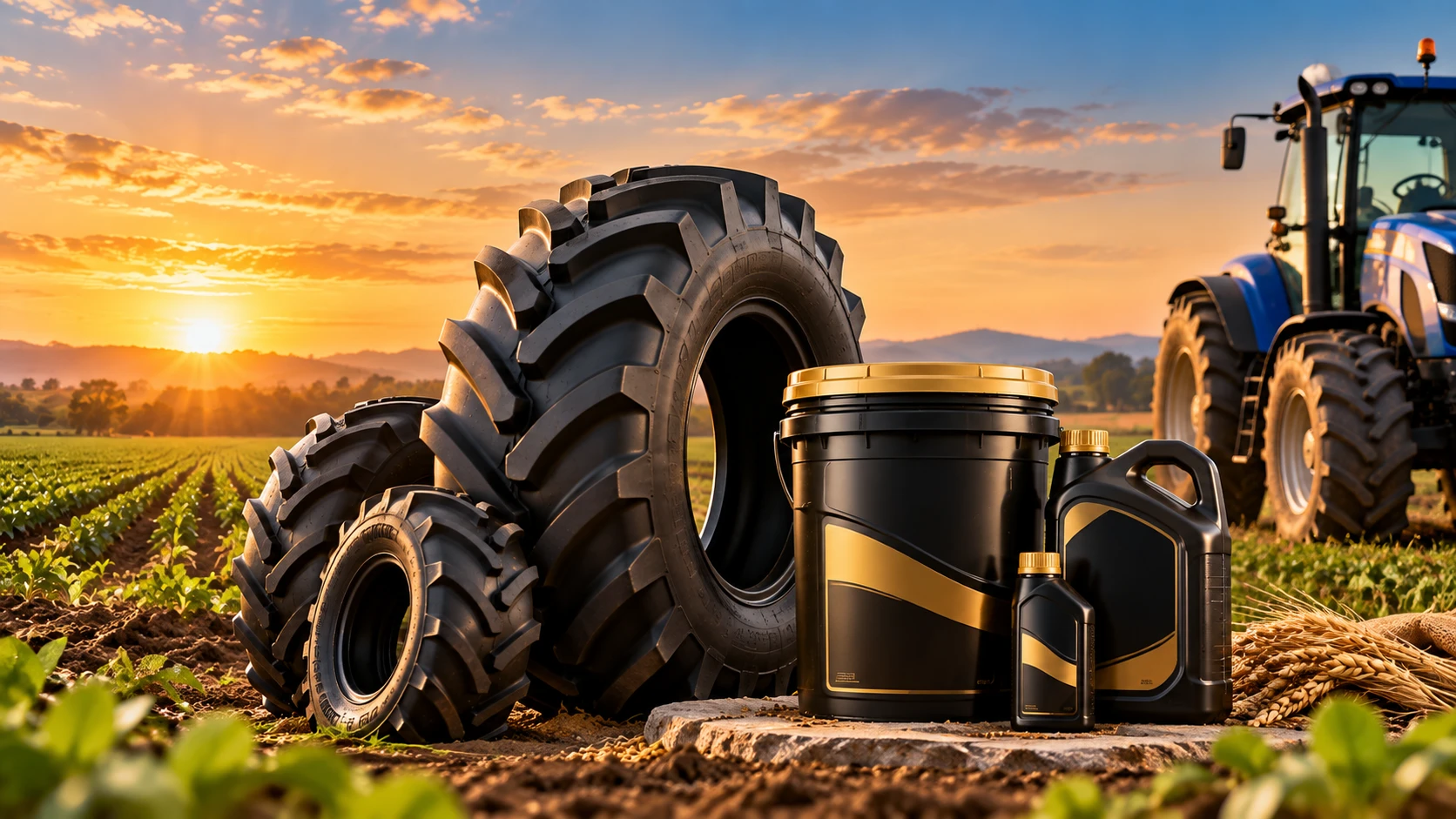 Agricultural tyres and lubricant containers in a field with a tractor at sunset